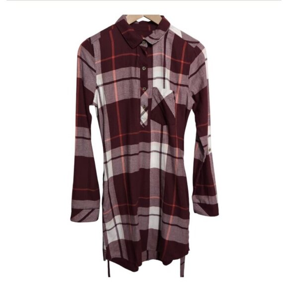 Plaid Shirt Dress Long Sleeve Roll Tab Sleeves Red Burgundy with Pockets Small - Picture 1 of 11